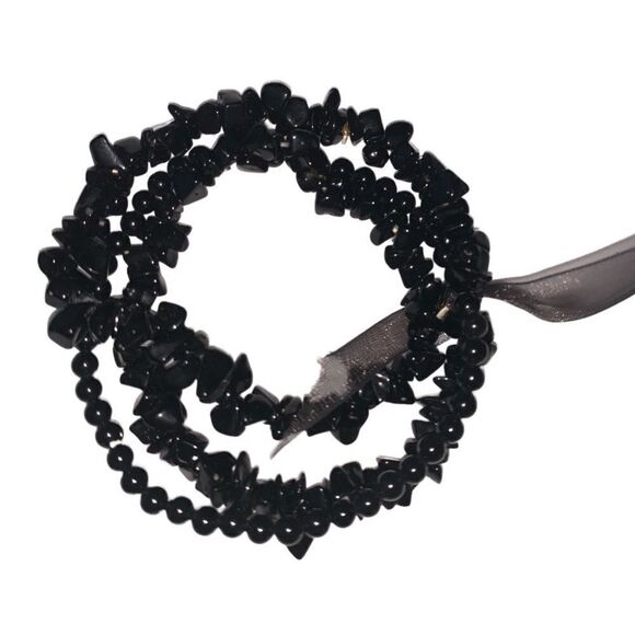 Vintage black onyx 3 strand chip and beaded stretchy bracelet chiffon ribbon - Picture 2 of 4